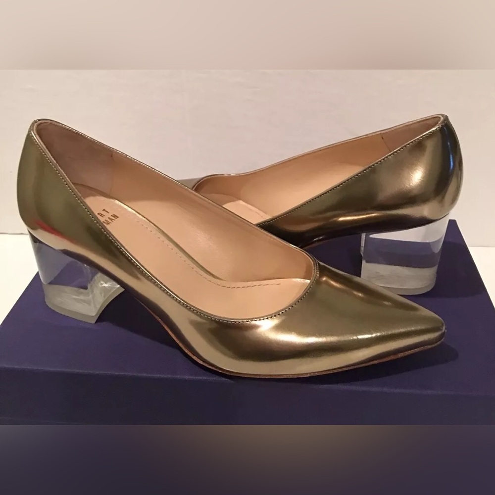 Stuart Weitzman 37 Gold pointy toe pumps with Clear Block Heel